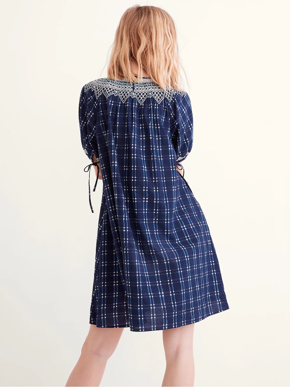 Madewell Embroidered Puff-Sleeve Babydoll Dress in Indigo Plaid - Picture 3 of 9